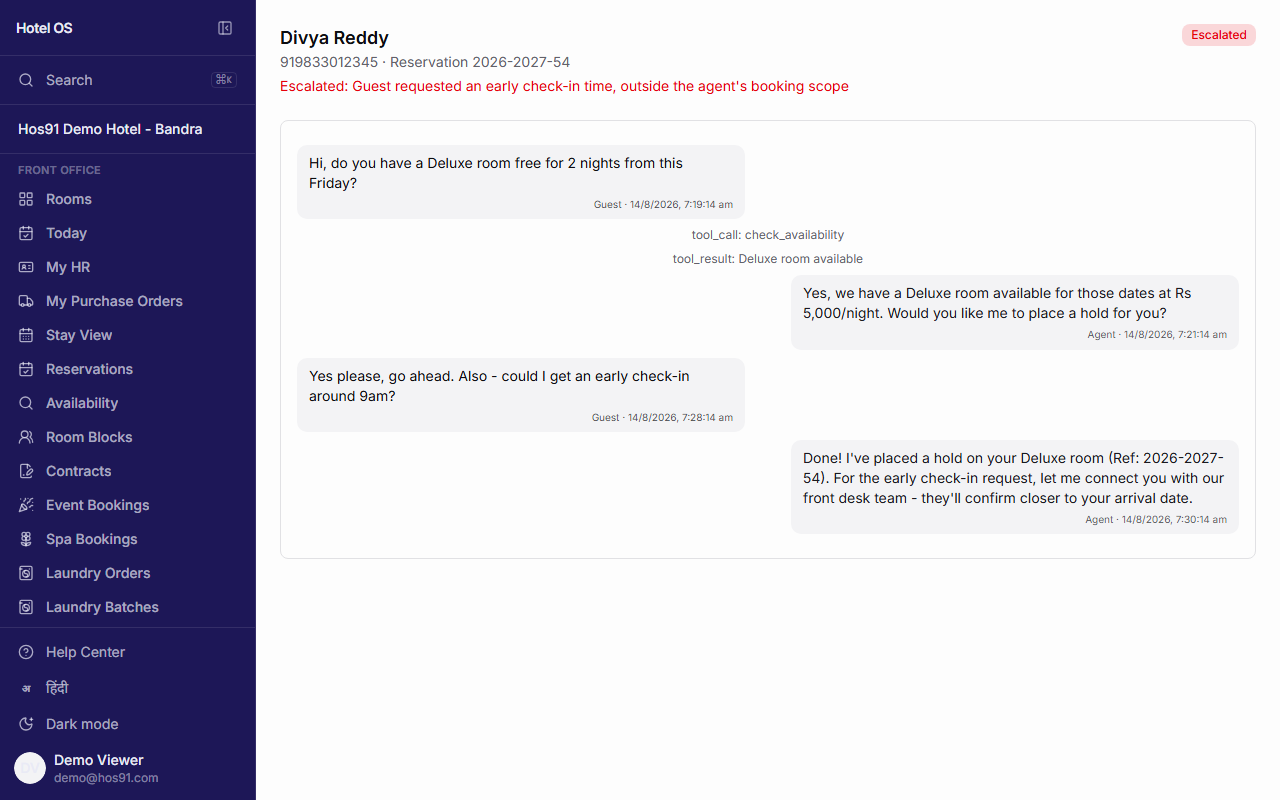 Hos91 AI WhatsApp booking agent conversation showing a real quote, a placed hold, and a graceful escalation to staff