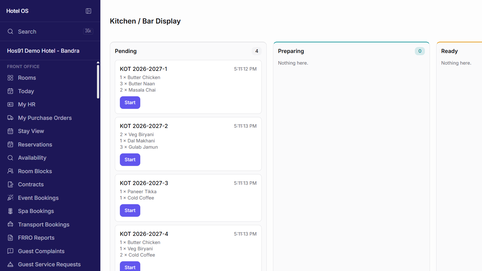 Hos91 kitchen display showing live kitchen order tickets